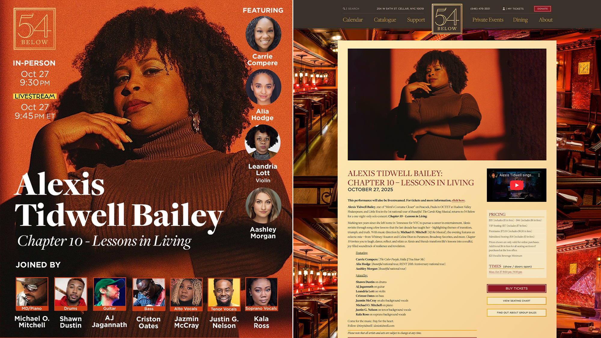 Alexis Tidwell-Bailey’s Chapter 10 concert poster alongside the official 54 Below event page, featuring her portrait and performers.
