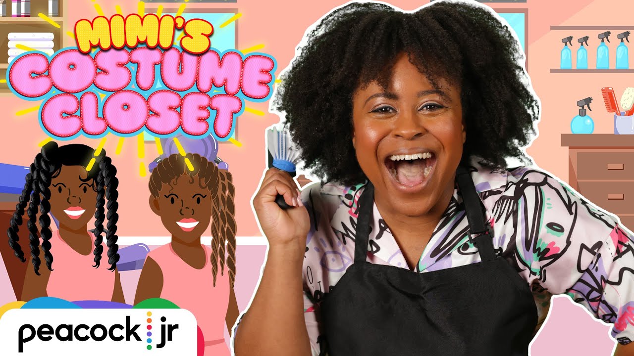 Alexis Tidwell-Bailey as Mimi, smiling and holding a hairbrush beside illustrated hairstyles and the Mimi’s Costume Closet logo.