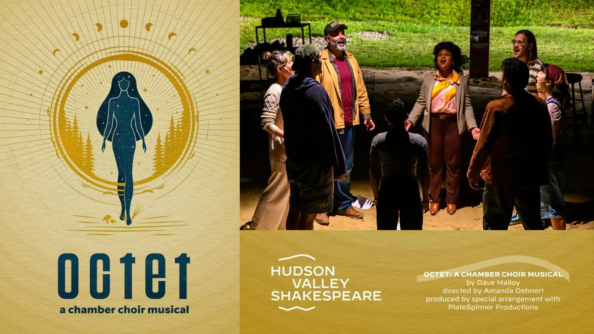 OCTET artwork beside a photograph of Alexis Tidwell-Bailey singing with the ensemble at Hudson Valley Shakespeare.